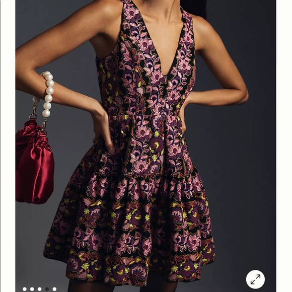By Anthropologie Deep-V Mini Dress $398 sz 6 black purple embroidered BEAUTIFUL - Picture 3 of 10